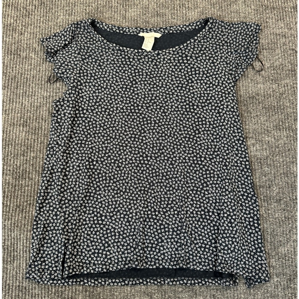 H&M Flutter‎ Sleeve Top Medium Navy Floral Lightweight Jersey